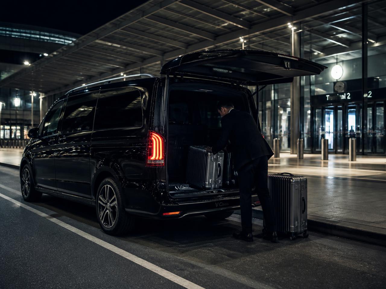 Transfer lotniskowy Mercedesem V klasa z bagażami